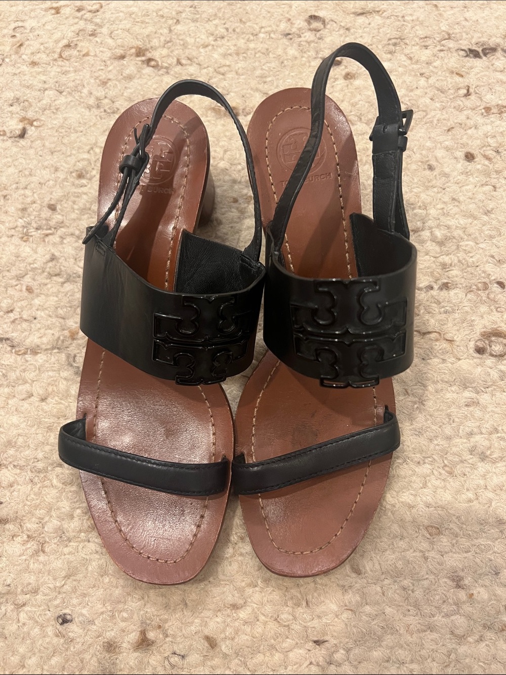 Tory Burch Black Leather Logo Band Slingback Sandals